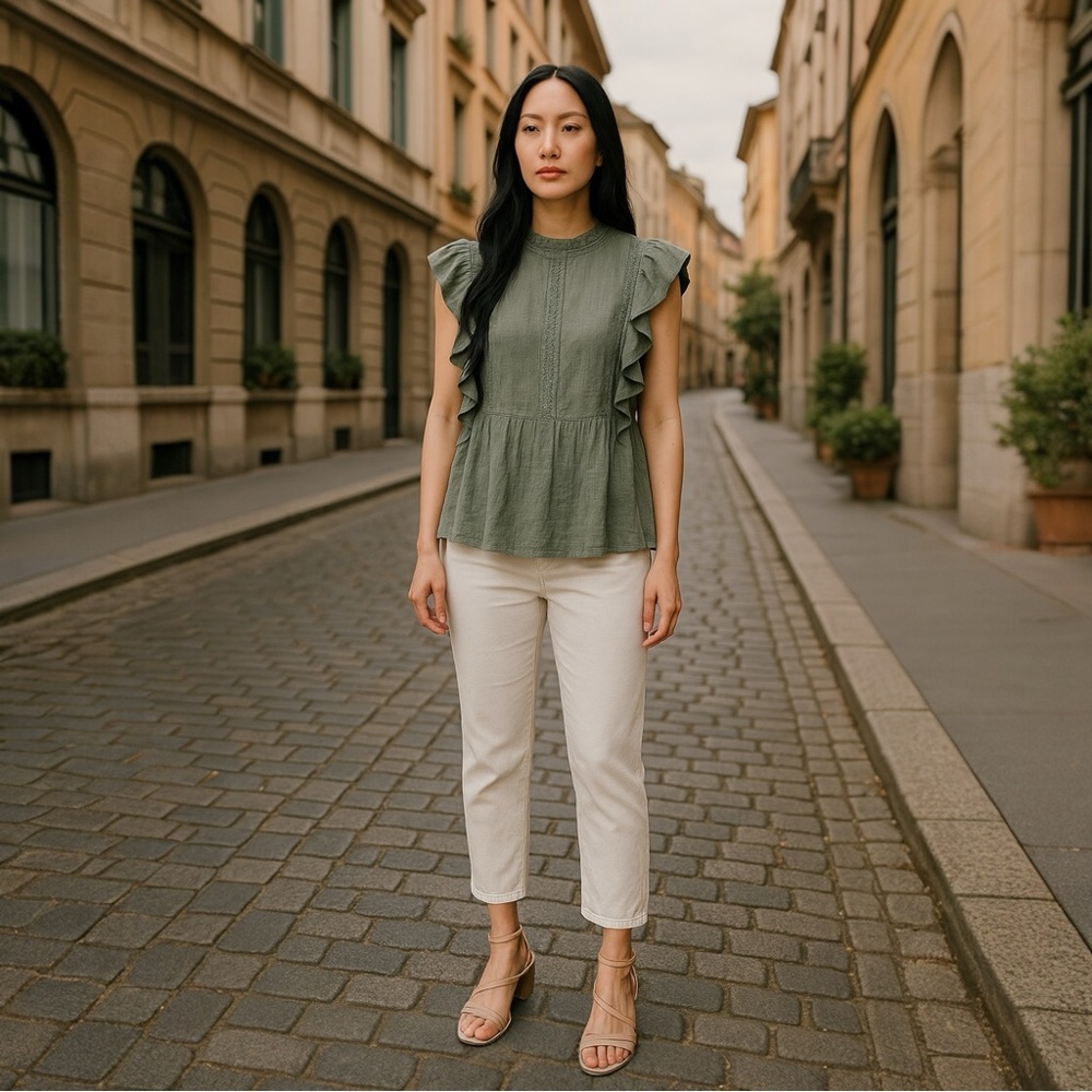 Savanna Jane Cotton-Blend Army Green Sleeveless Ruffled Tunic Top Blouse